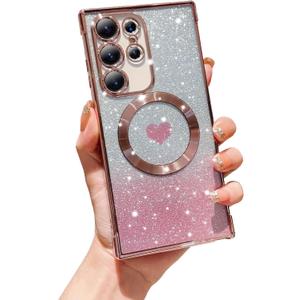FABSPARK for Samsung Galaxy S25 Ultra Phone Case,Compatible with Magsafe,Magnetic Plating Glitter Gradient Cute Heart Clear Case,Camera Protection for Samsung Galaxy S25 Ultra,Pink