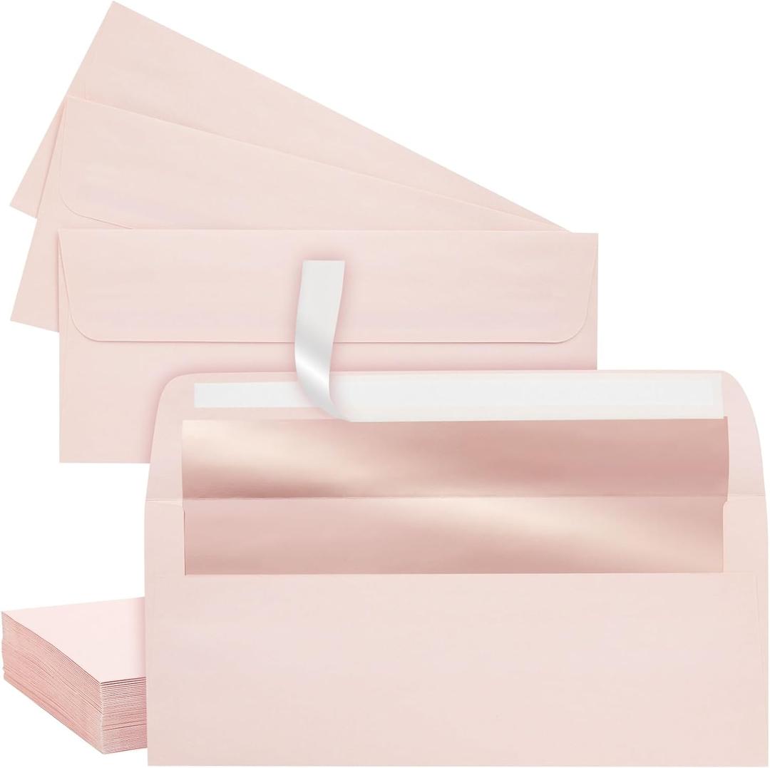 Best Paper Greetings Money Envelopes for Cash - 4 1/8 x 9 1/2 In, Blush Pink & Rose Gold Foil Lined, 50 Pack - Decorative Letter Envelopes for Invitations & Mailing