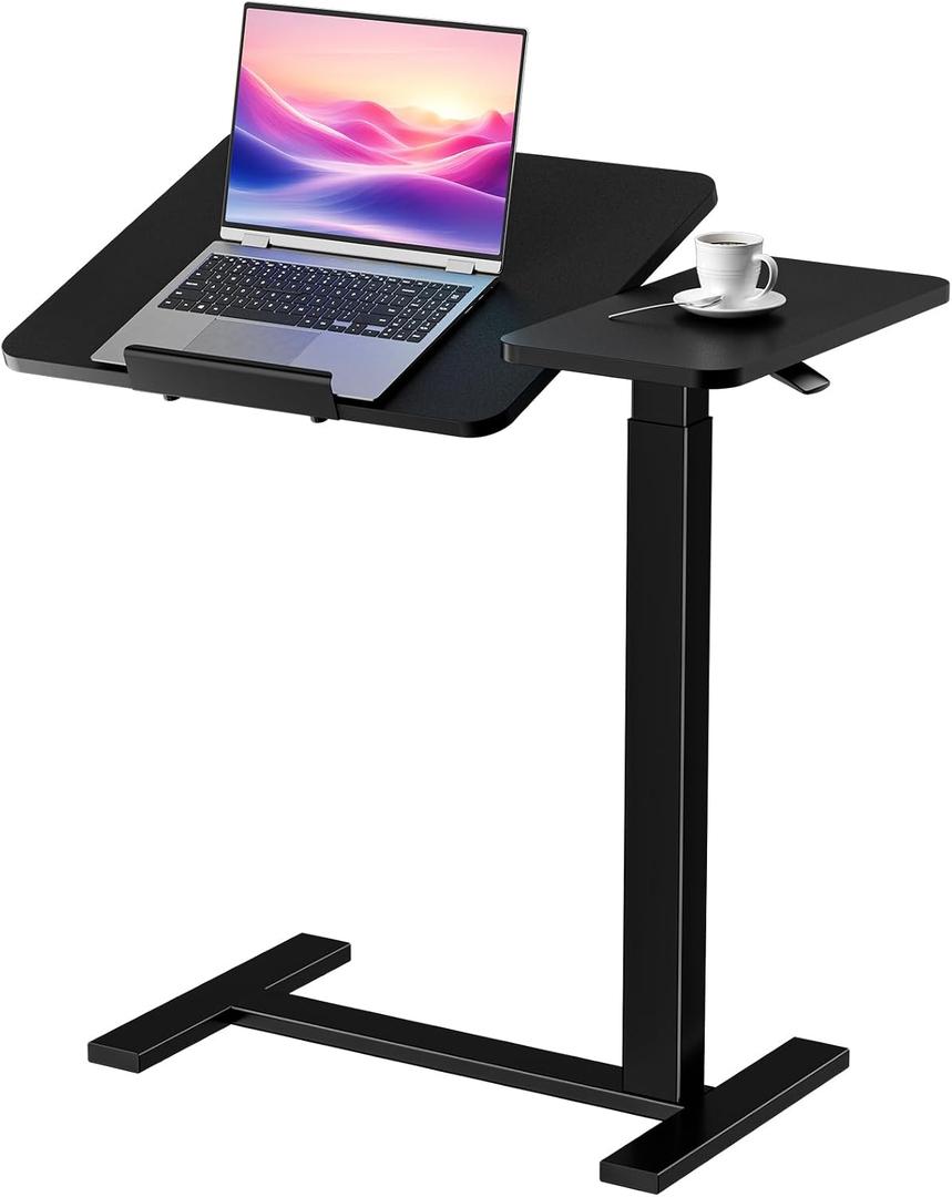 DUMOS Adjustable Bedside Overbed Table with Wheels, Black, 27.5" x 15.7" x 43.3"