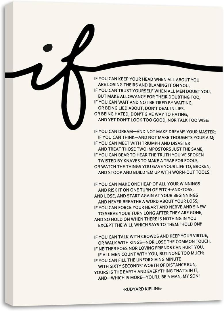 If Poem by Rudyard Kipling  If Poem Inspirational Framed Canvas Print Wall Art  Motivational Poetry Wall Decor  If Poster Font Quote If Kipling Home Office Inspirational Literature Art (12L" x 8W")