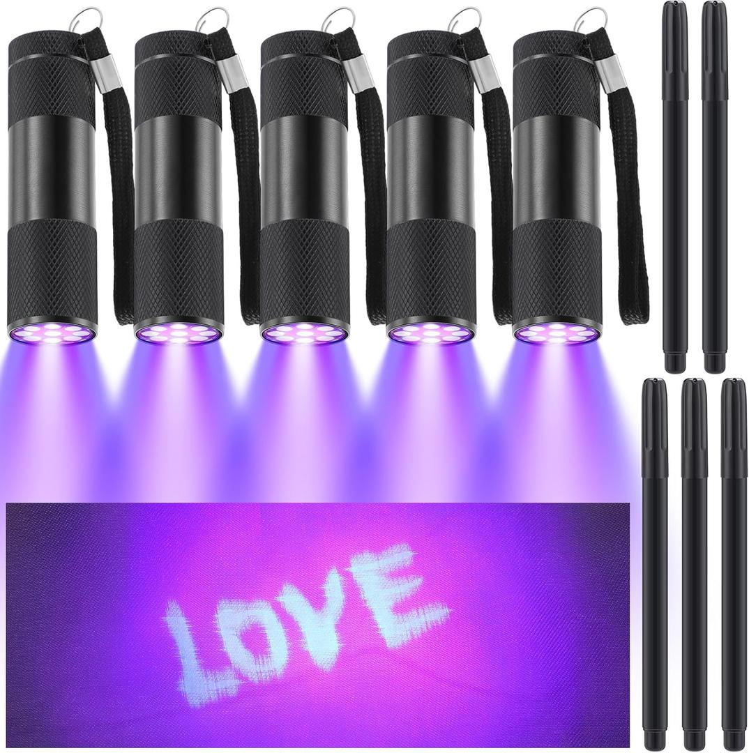 Tegeme 10 Pcs Blacklight Pen Set 5 Invisible Ink Pen 5 Blacklight Flashlights, UV Pen Invisible Ink Marker Black Light Markers for Spy Secret Holiday Gift Party Favors(Classic)