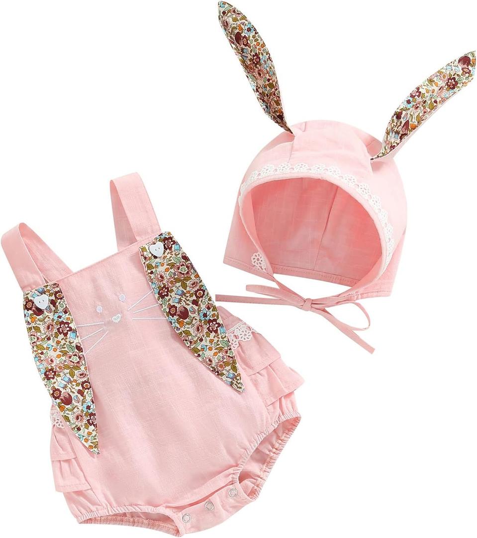 Toddler Baby Girl Easter Outfit Sister Mathing Clothes Bunny Romper/Dress Bodysuit with Rabbit Ear Tail Summer Clothes (6-12 Months)