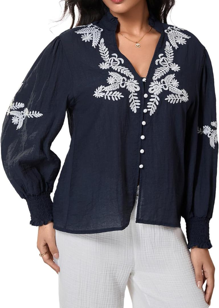 Milumia Women's Floral Embroidery Puff Long Sleeve Blouse Boho Button Front V Neck Shirt Tops (L)