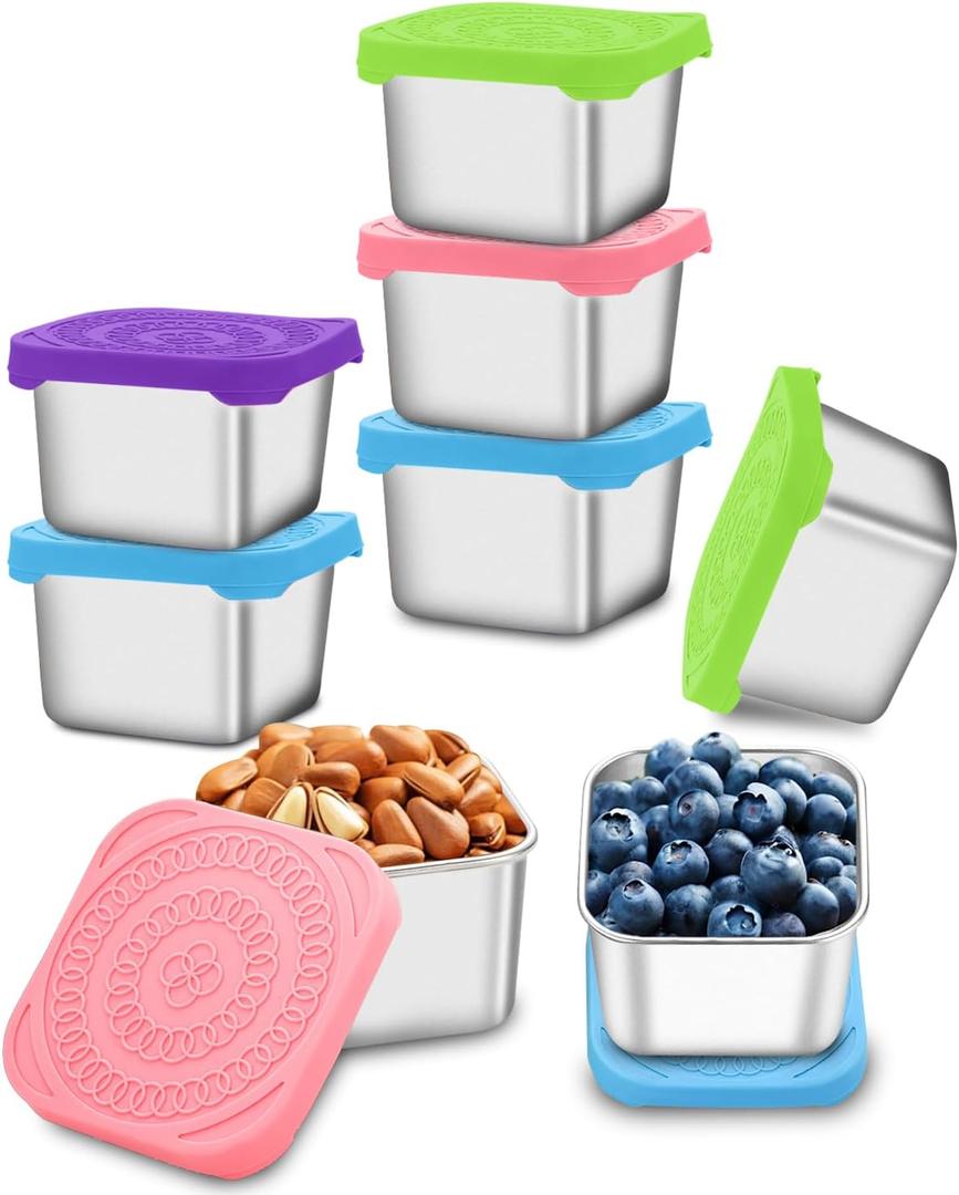 Snack Containers, [8 Pack-6 oz] Stainless Steel Snack Containers, Easy Open Square Dressing Container with Leak Proof Silicone Lids, Stackable Metal Lunch Box Great for Lunch to Go