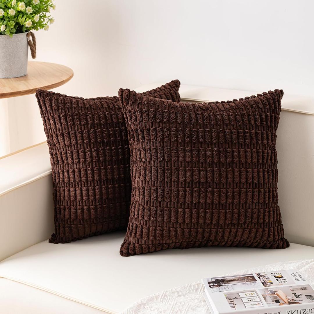 Pack of 2 Corduroy Decorative Throw Pillow Covers 18x18 InchSoft Boho Striped Pillow Covers Modern Farmhouse Home Decor for Sofa Living Room Couch BedDark Brown
