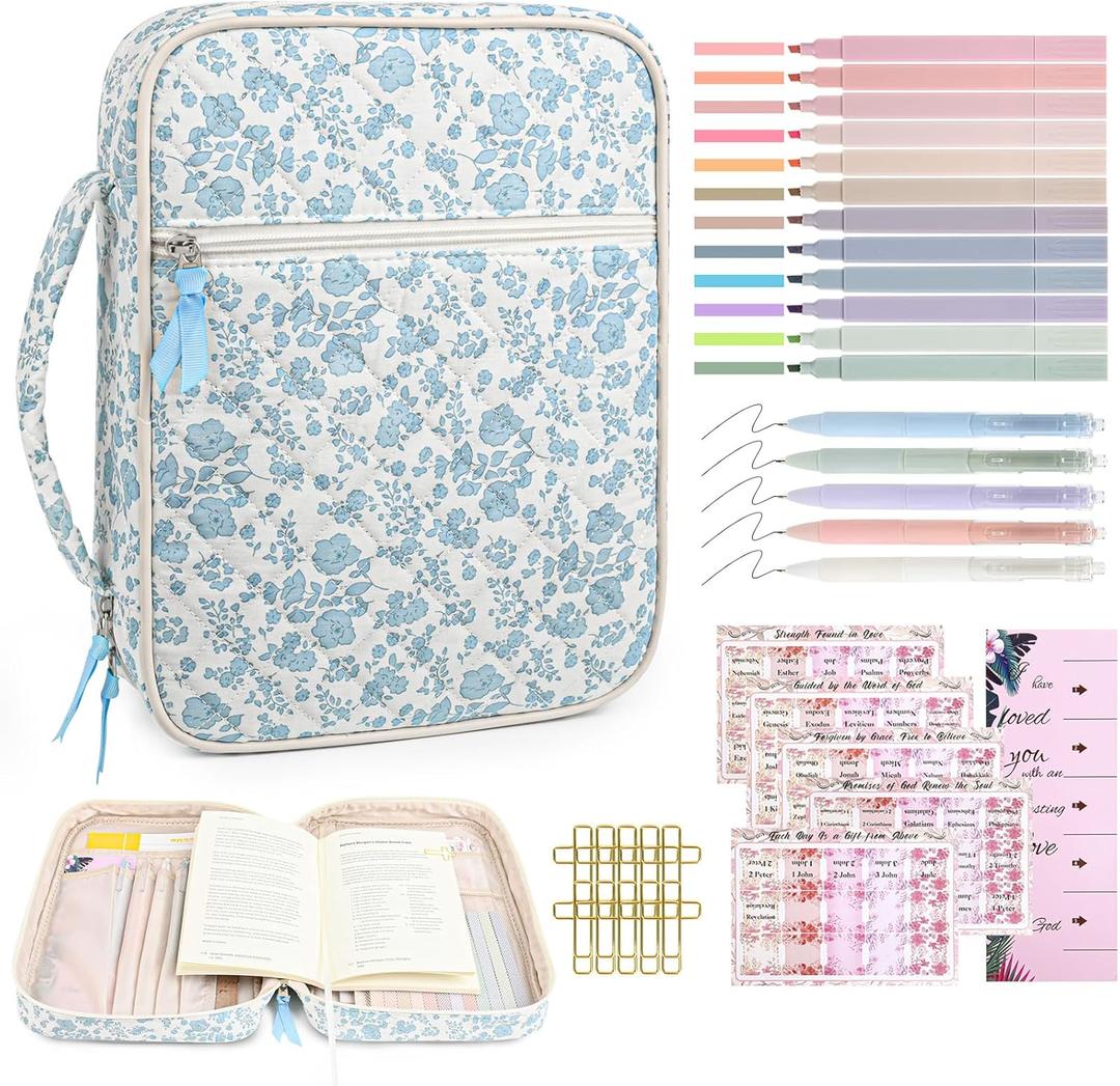 Aileam Bible Cover Case for Women: Bible Study Supplies Kit with Bible Highlighters, Christian Gifts for Women - Blue Flower, Cotton, Floral Pattern (Standard Set)