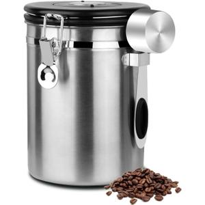 Coffee Canister Airtight Storage Container 1.8L Stainless Steel Air Tight Coffee Jar with Scoop, Date Tracker CO2 Release Valve for Dry Food, Beans, Ground, Tea, Flour, Cereal and Sugar (Silver)