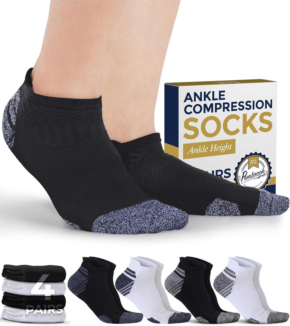 2 x Pembrook Ankle Compression Socks for Women & Men - 4 Pairs | Sports Running Compression Socks | Athletic Ankle Support Socks (XX-Large, 2 Black / 2 White - 4 Pairs)
