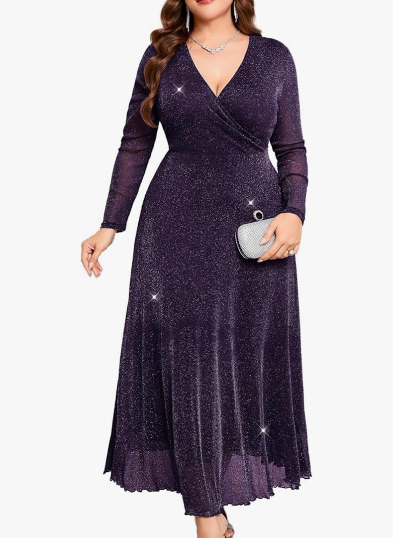 ZOMVA Plus Size Sparkly Maxi Dress V-Neck Wrap Long Sleeve A-Line Glitter Mesh Gown Wedding Guest Cocktail Evening Party 1XL