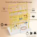 Jewelry Organizer Stand Metal Jewelry Display Rack with Wooden Tray Necklace Stand Partitioned Storage for Rings, Earrings and Bracelets Jewelry Rack(Gold)