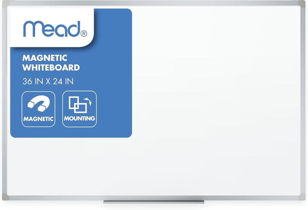 Mead Dry Erase White Board, 36" x 24" Magnetic Whiteboard for Office School or Home, Horizontal/Vertical Mount, White/Silver (SM85356)
