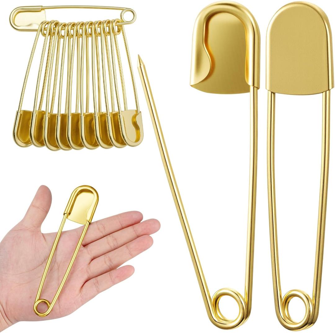 Juexica 10 Pcs Large Safety Pins 5 Inch Jumbo Stainless Steel Safety Pins Heavy Duty Huge for Strong Laundry Upholstery Sewing Quilting Key Rings Craft Outdoor (Gold)