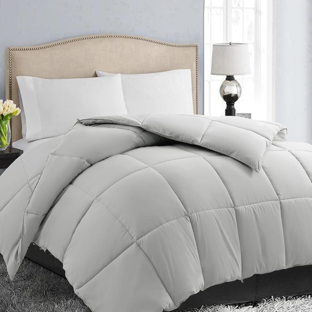EASELAND Queen Size Down Alternative Comforter - Quilted Duvet Insert for All Seasons, Soft Lightweight with Corner Tabs, Summer Winter Warm Bedding, Light Grey 8888 Inches