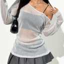 SOLY HUX Womens Sheer Mesh Loose Long Sleeve T Shirt (Gray, L)