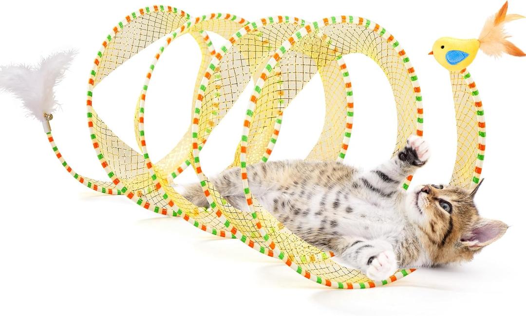 Potaroma Spiral Tunnel Cat Toy, Self Play Cat Play Spiral Kitten Collapsible Spring Tunnel Toy for Indoor Cats with Feather and Bell, 20 Inches Unfolded