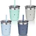 Tiblue Kids & Toddler Cups, 4 Pack 8oz Spill Proof Stainless Steel Tumblers with Leak Proof Lids, Silicone Straw with Stopper & Sleeve, BPA FREE Snack Smoothie Drinking Cup for Baby Girls Boys (Coastal)