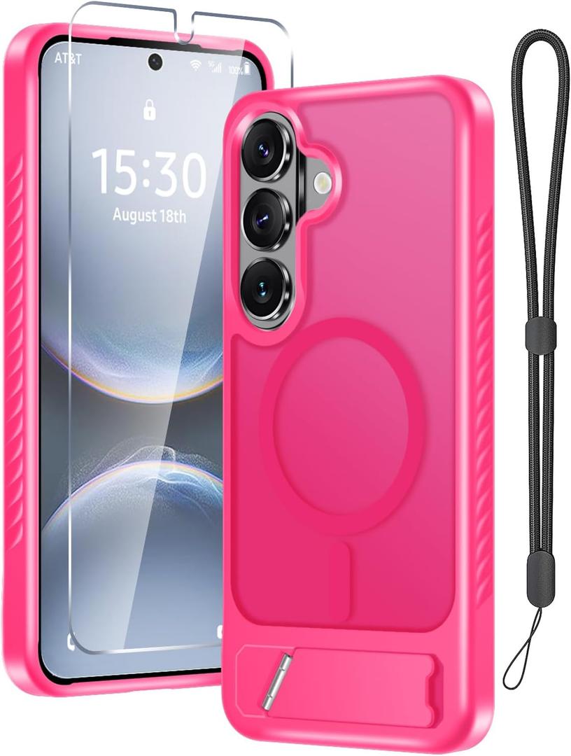 for Samsung Galaxy S26+ Plus Case with Screen Protector+Lanyard Wrist Strap,Magnetic Translucent Matte Rugged Slim Phone Cover Built in Invisible Kickstand [Fit for MagSafe],2026 Hot Pink