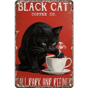 Coffee Metal Sign Funny Black Cat Decor Tall Dark And Refined Tin Signs Wall Decor For Home Cafe Kitchen Bar Living Room Office 12 * 8In