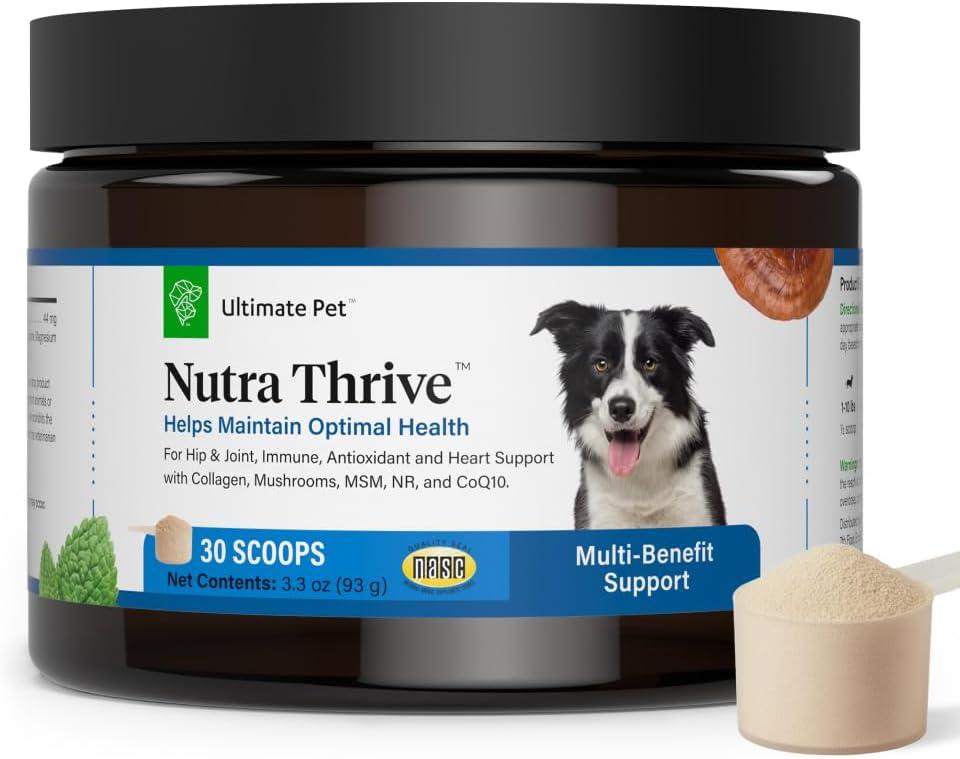 Ultimate Pet Nutrition Nutra Thrive Canine, 40-in-1 Nutritional Powder Supplement for Dogs with Digestion and Immune Support, Vitamins, Minerals, Probiotics, Enzymes, 30 Scoops, Best By: 08/18/2025