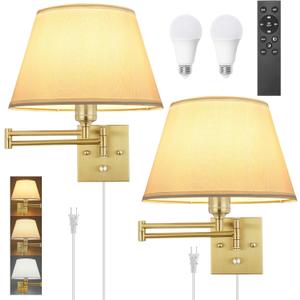 TRLIFE Remote Control Dimmable Wall Sconce, Adjustable Color Temperature 2700K-6500K Brushed Brass Swing Arm Wall Lights with Plug in Cord, 11.8" Large White Shade(2 Pack, 2 Bulbs)