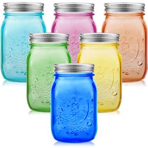 Tessco 6 Pcs 16 oz Colored Mason Jars with Lids Regular Mouth Glass Canning Jar for DIY Crafts Flower Decor, Storage, Canning, Pickling, Preserving, Fermenting, Dishwasher Not Allowed(6 Colors)