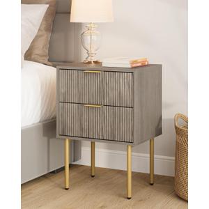 Night Stand,Mid-Century Modern Bedside Table with 2 Storage Drawer,Small Gold Frame Side End Table for Bedroom,Living Room, Grey