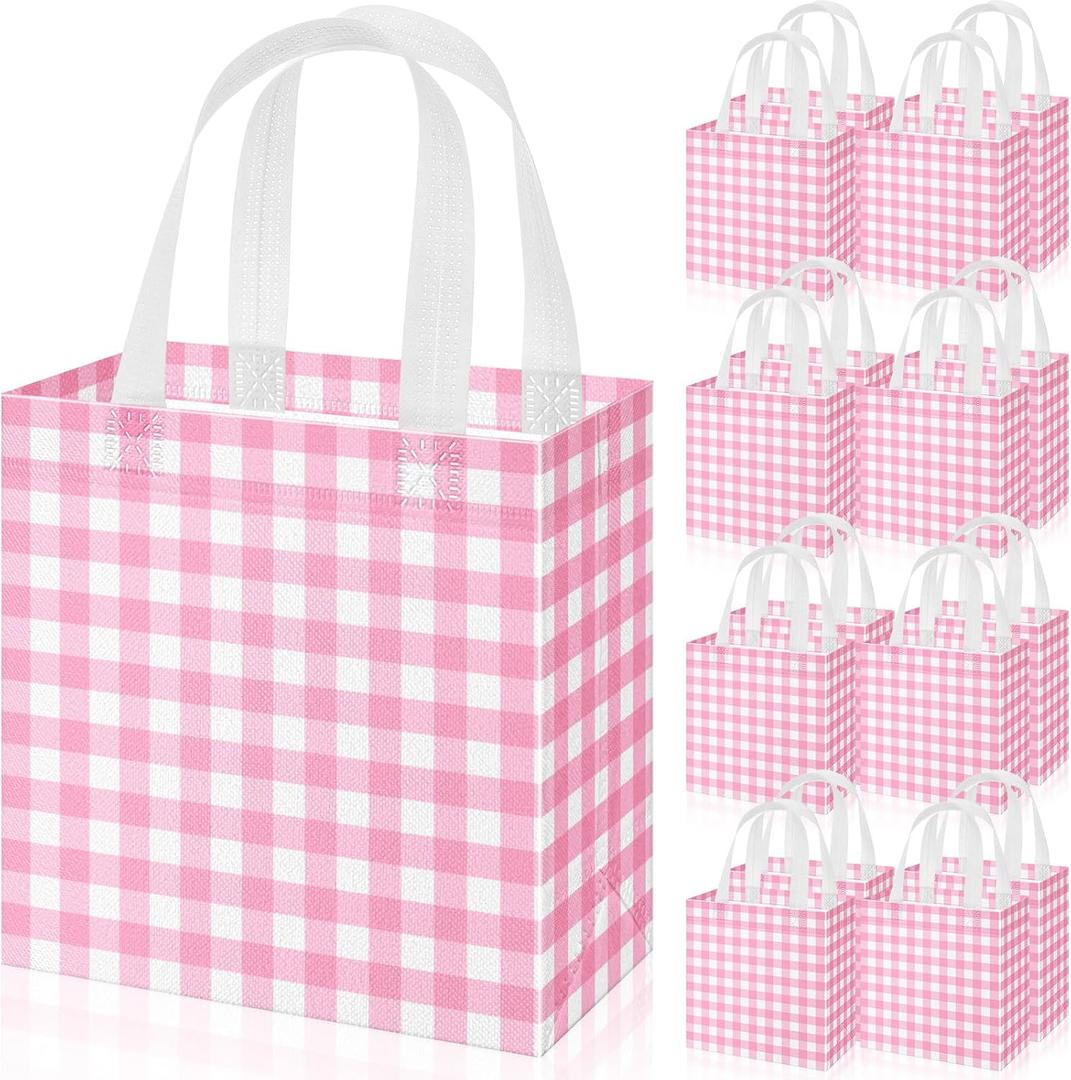 Sweetude 16 Pcs Pink White Checkered Gift Bags with Handles Gingham Pink and White Party Favors Non-Woven Reusable Tote for Women Wedding Birthday Baby Shower Mother's Day Party Decorations