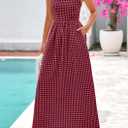 PRETTYGARDEN Women's 2026 Summer Spaghetti Strap Maxi Dresses Plaid Square Neck A Line Casual Beach Vacation Long Sundress (Red, L)