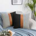 Set of 2 Farmhouse Decor Stripe Patchwork Black Linen Throw Pillow Covers, Modern Tan Faux Leather Accent Pillow Covers 18x18 inch,Navy Blue Stripe