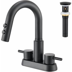 Bathroom Sink Faucet with Pull Down Sprayer 3 Holes, Matte Black 4 inch 2 Handles Centerset Laundry Bar Basin Pull Out Faucet with Pop-Up Drain, KBL-MP-6002B-CL