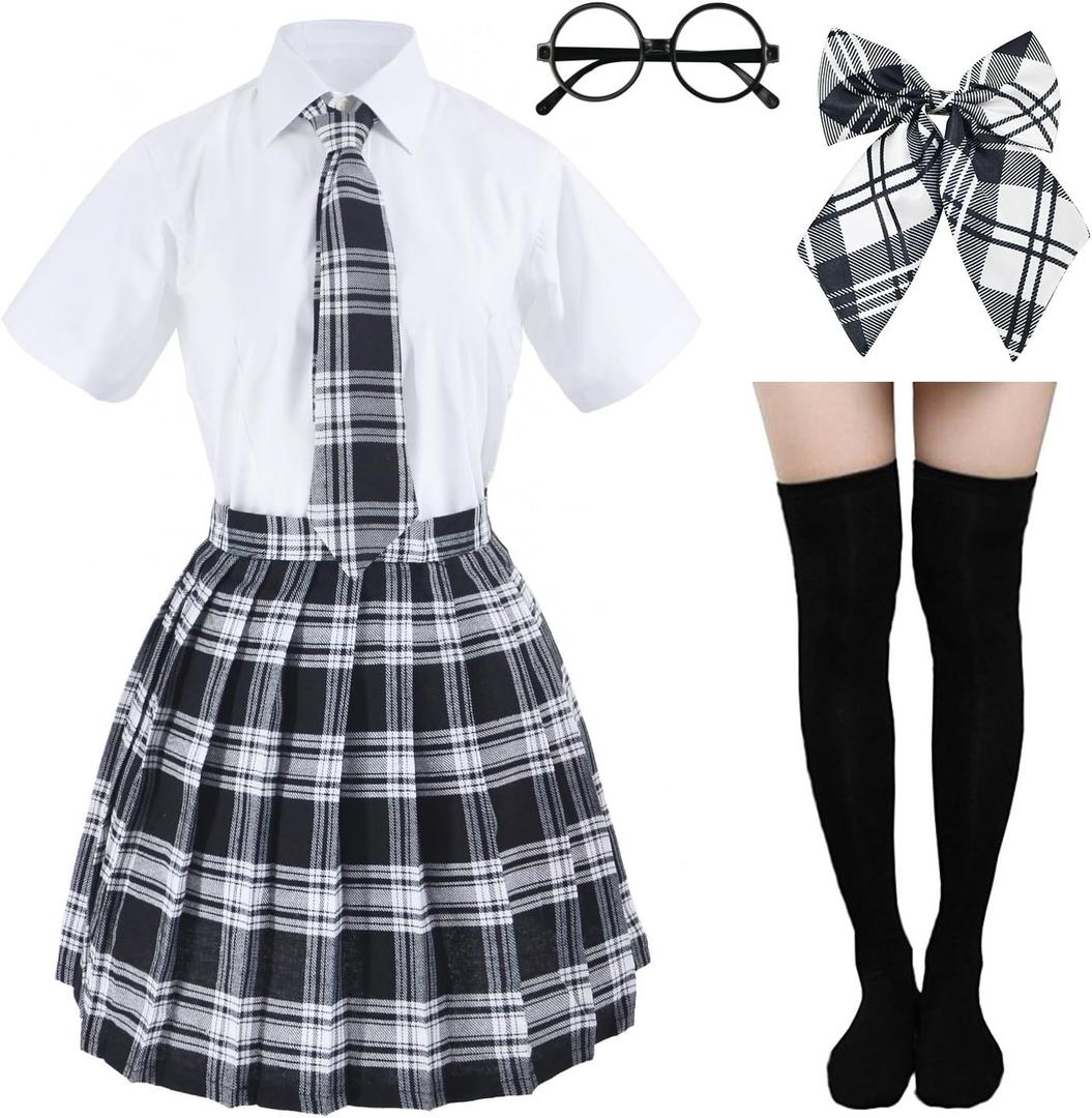 Japanese Tartan Pleated School Uniform Cosplay Costumes with Socks Eyeglass Frame Set (X-Large--Tag 3XL, Black)