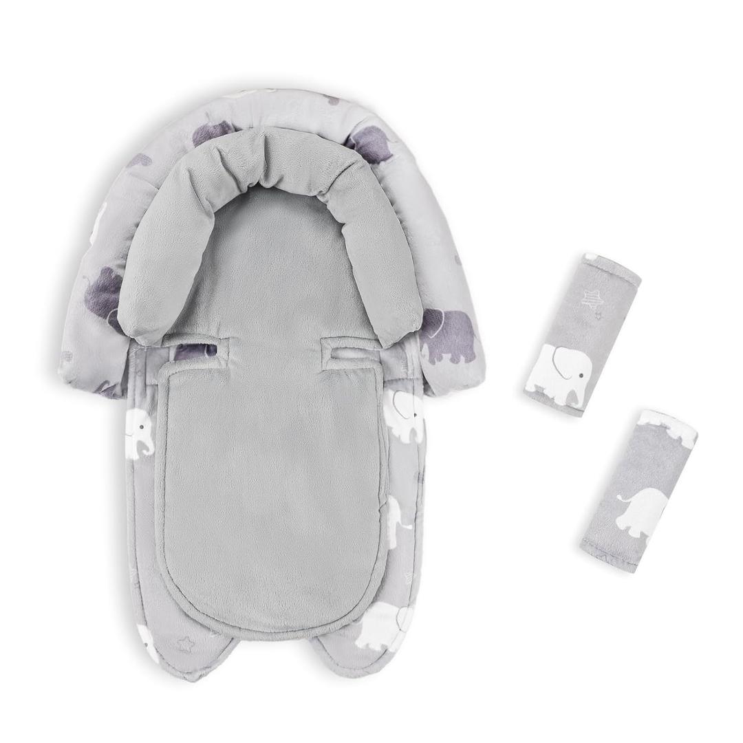 Baby Car Seat Head Support with Extra Headrest, 2-in-1 Babybody Supports with Shoulder Pads Set for Newborn, Adjustable Infant Car Seat Insert Compatible with Stroller, Baby Swing, (Grey Elephant)
