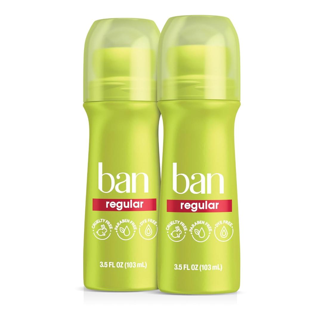 Ban Invisible Rollon Antiperspirant Deodorant for Women and Men, 24Hour Underarm Odor & Sweat Protection, Regular, 3.5 Oz, Pack of 2