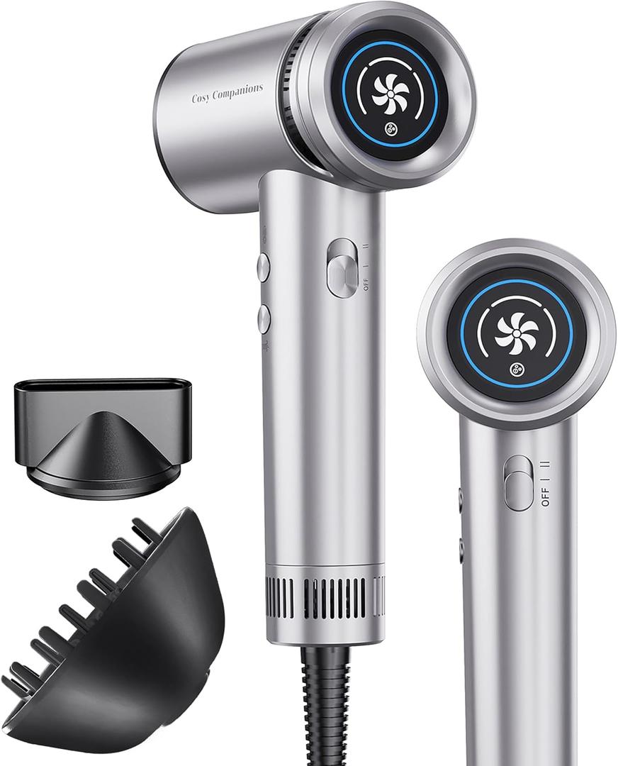Hair Dryer - High-Speed 150,000 RPM Hairdryer for Fast Drying, 500Million Negative Ionic & Thermo-Control & Cool Shot Button & Lightweight & HD Display Blow Dryer with Magnetic Diffuser & Nozzle (Metal Silver Grey)