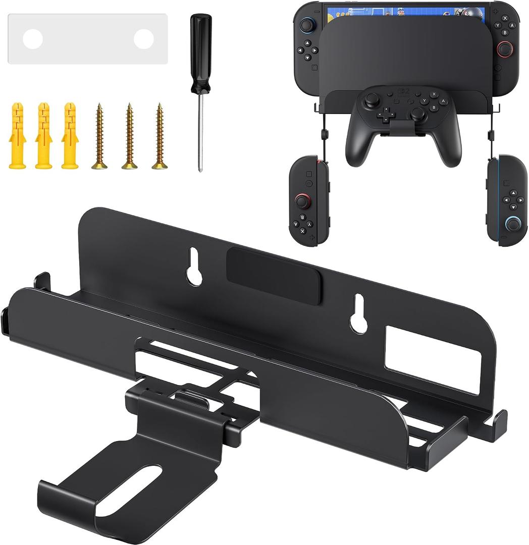FUNDIARY Wall Mount for Nintendo Switch 2, Metal Wall Mount Kit Shelf Accessories for Switch 2 Console & Pro Controller with Grips Brackets, 3 Wall Anchor, 3 Screw, 1 Hook and 1 Screwdriver - Black