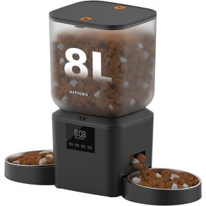Automatic Cat Feeder for 2 Cats - 8L/34 Cups Dual Automatic Dog Feeder with Dog Food Dispenser for 2-18mm Dry Food, Timed Cat Food Dispenser, Up to 50 Portions 6 Meals Per Day, 10s Voice, Keep Fresh