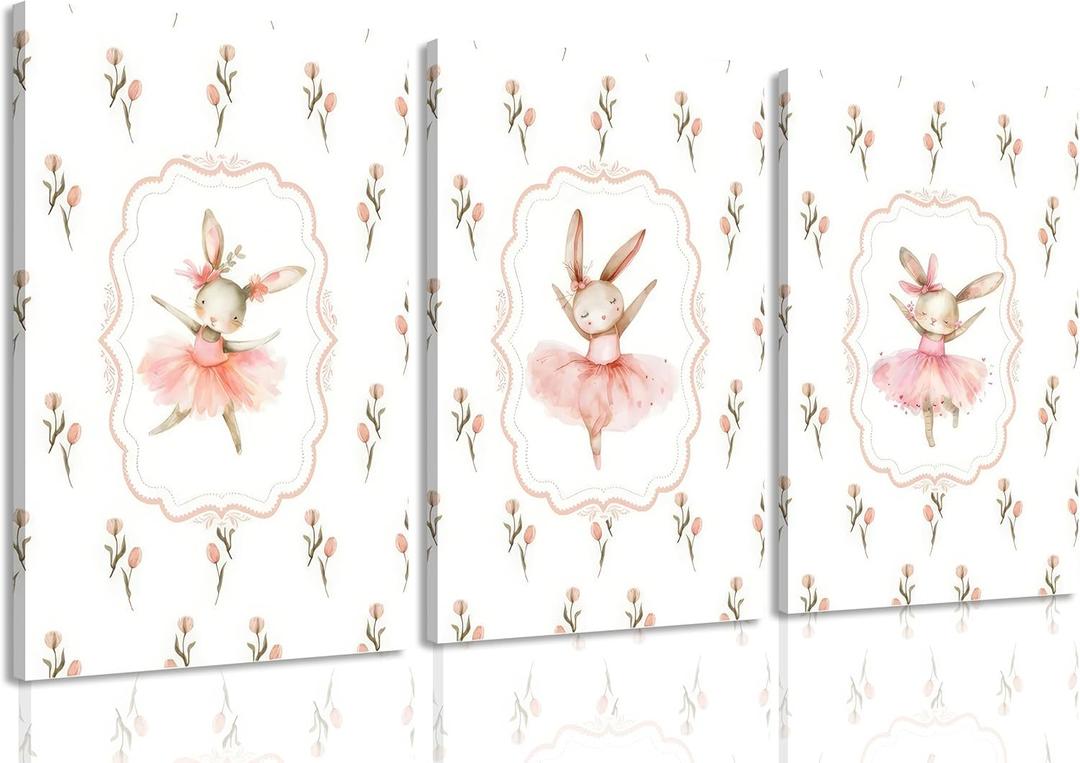 3Pcs Pink Ballet Bunny Nursery Wall Art Cute Rabbit Painting Picture Wall Decor Pink Dress Flower Poster Print Artwork for Girls Room Kids Room Baby Room Bedhome Home Decoration 16L''x12W''