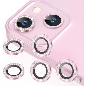AGVEE 3+3 6 Pack for iPhone 13 6.1" / 13 Mini 5.4" Camera Lens Protector, Bling Diamond & Bling Glitter Metal Ring 9H Tempered HD Glass Camera Cover Film, Bling-Pink