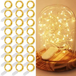 WATERGLIDE 24 Pack Fairy Lights Battery Operated (Included), 7 ft 20 LED Mini String Lights, Waterproof Silver Wire Firefly Starry Lights for DIY Wedding Christmas Party Mason Jars Decor, Warm White