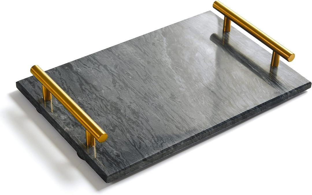 Black Real Marble Tray with Golden Handle, Natural Stone Decorative Tray with Metal Handle for Bathroom Kitchen Vanity Dresser Nightstand Desk, 11.8" x 7.9" Black