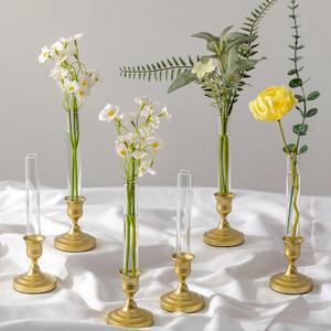 Bud Vases with Candlestick Holders: Set of 6 Clear Glass Vase with Silicon Sleeve for 0.87" Taper Candle Holder - Flower Vases for Centerpieces Wedding Table Party Decor (Gold)