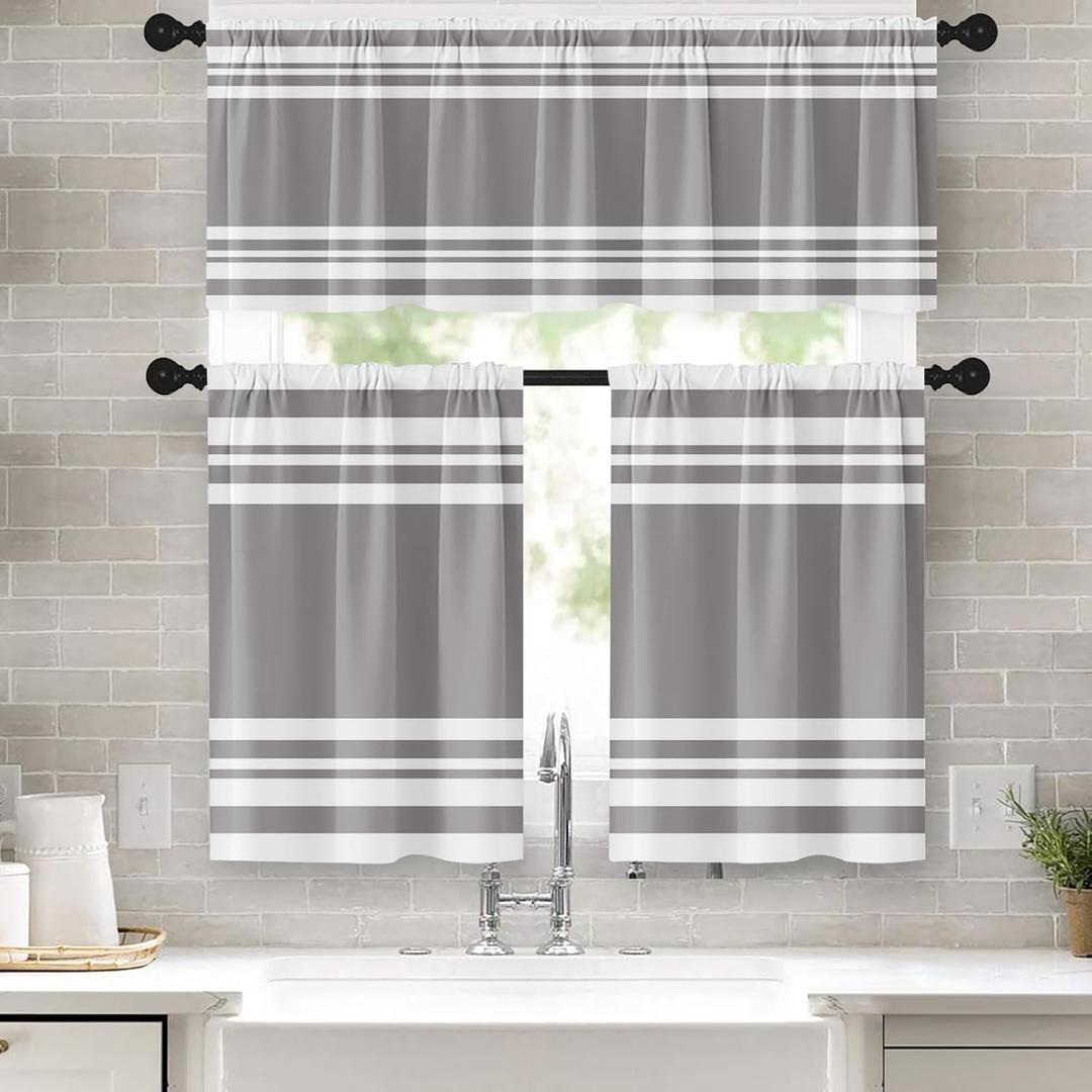 Light Grey Kitchen Window Curtains Valance and Tier Set 36 Inch, Gray Striped Abstract Rod Pocket Short Tier Curtain for Bathroom, Modern Small Cafe Drapes for Kitchen Decor