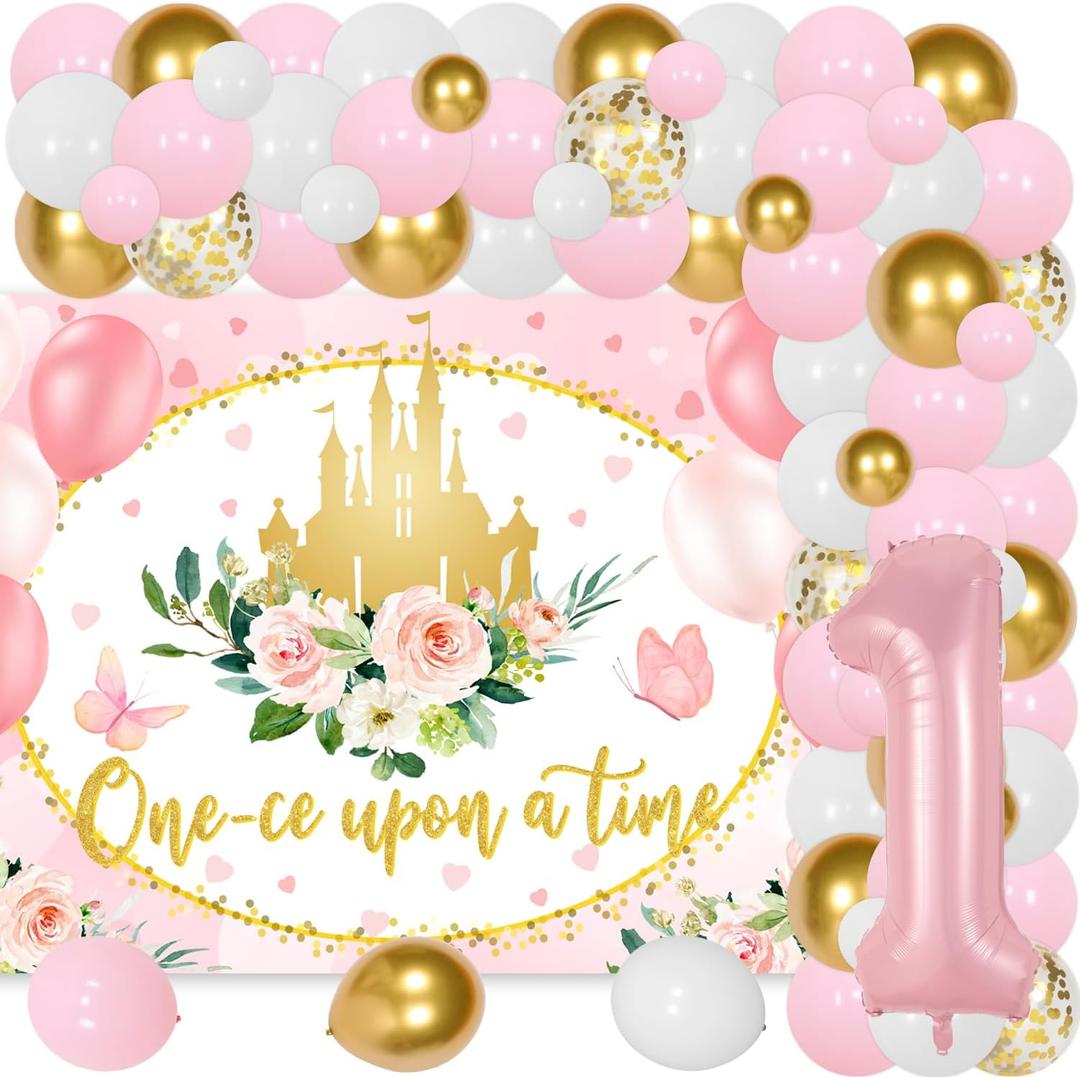 Princess Theme Royal Castle Floral Princess One-Ce Upon A Time Photography Background Cloth Backdrop Pink Balloon Arch Kit for Girls 1st Birthday Party Supplies
