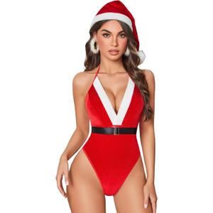 Avidlove Christmas Lingerie for Women Halter V Neck Sexy Santa Lingerie Outfits with Christmas Hat and Belt (Small, Red)