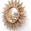 18 Inch Boho Sunburst Mirror, Round Wooden Wall Decor Starburst Sun Mirror for Bedroom, Living Room, Bathroom, Hallway, Balcony, Farmhouse Entryway, Housewarming GiftRustic Brown
