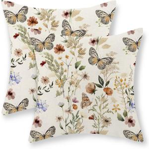 Floral Pillow Covers 18x18 Set of 2 Watercolor Botanical Wildflower Spring Throw Pillows flower Butterfly Decor Summer Outdoor Pillowcase Decorative Farmhouse Linen Cushion Cover for Couch Home