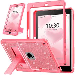INFILAND Glitter Case for iPad 9th Generation (2021) / 8th Generation (2020) / 7th Generation (2019) 10.2 Inch, Heavy Duty Shockproof Protective Cute Cover with Kickstand for Kids, Girls (Pink)