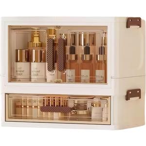 A stackable desktop organizer with drawers and compartments, ideal for storing cosmetics, beauty tools, jewelry, and school supplies in a student dorm. Features a convenient magnetic door handle.