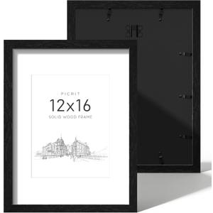Picrit 12x16 Picture Frame Set of 2, Solid Wood and Black Backboard, Displays 8.5 x 11 with Mat or 12x16 Without Mat, Wall Mounted, Multi-Piece Wall Gallery Photo Frames for Home Decor, Black Wood Grain