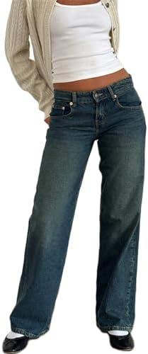 Mxiqqpltky Low Rise Jeans for Women Mom Jeans Wide Straight Leg Baggy Jeans Y2k Vintage Boyfriend Denim Pants Streetwear, Medium